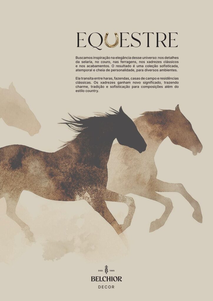 Ambientação da Coleção Equestre da Belchior Decor com almofadas, manta e sofá de couro